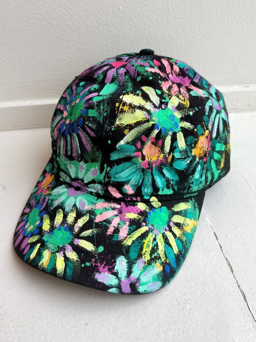 "Ivy" Black Baseball Cap w/ Lime Neon Flowers | Hand Painted - Made X Hudson