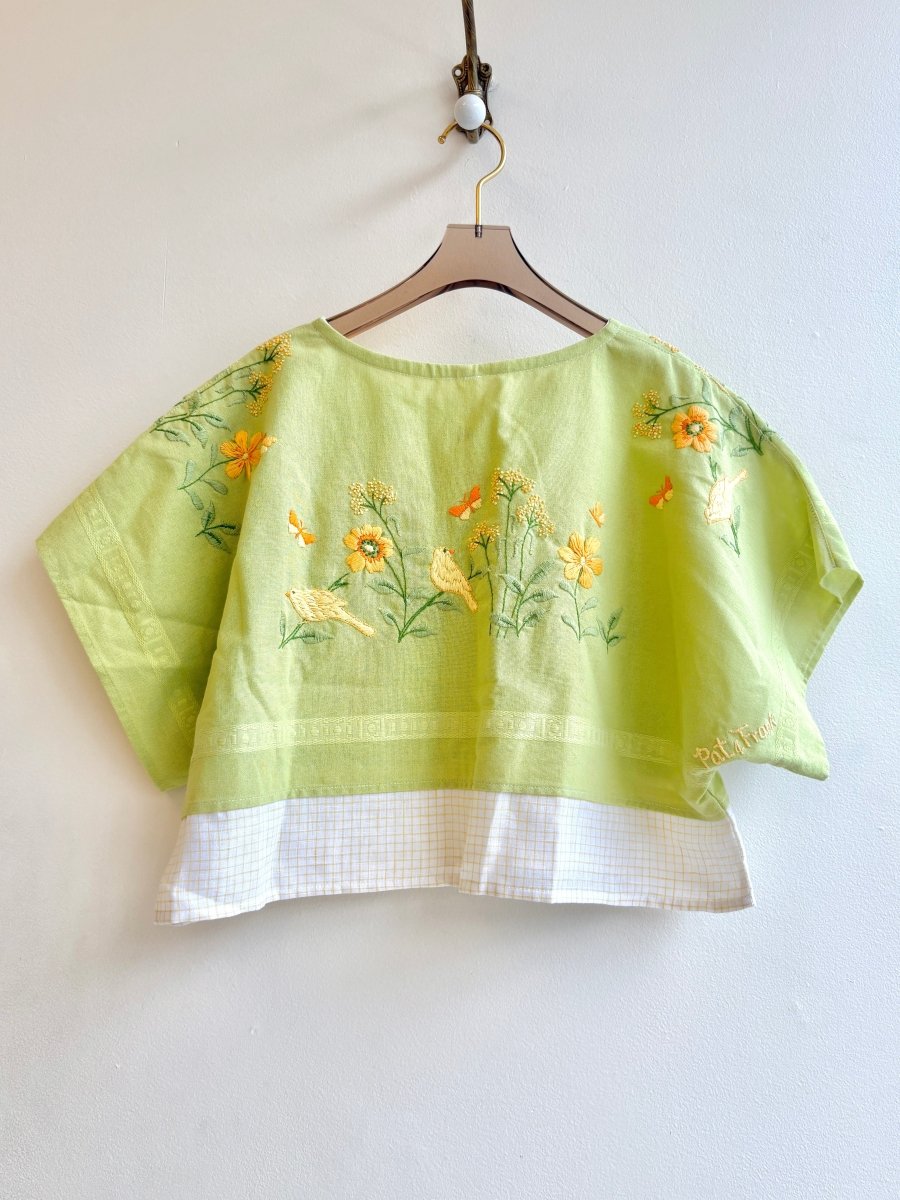 Spring Green with Embroidered Apricot Florals and Yellow Birds | Picnic Top Crop - Made X Hudson