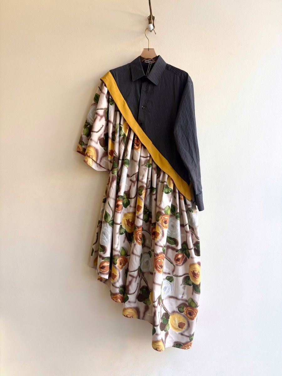 Asymmetric Shirtwaist Dress in Black Stripe with Black and Painted Golden Rose Print Skirt (Reworked) - Made X Hudson