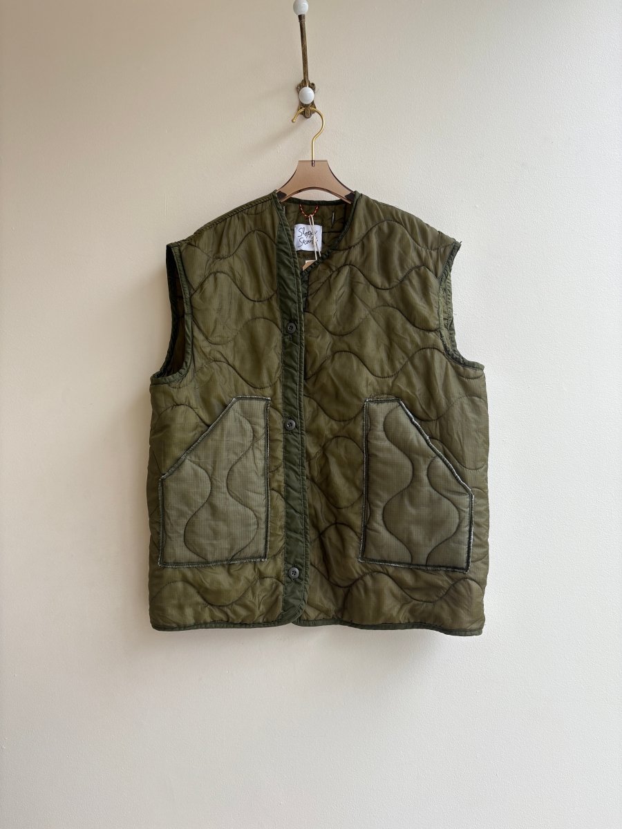 Olive Green Army Liner Quilted Vest w/ Offset Button Up & Pockets (Reworked) - Made X Hudson
