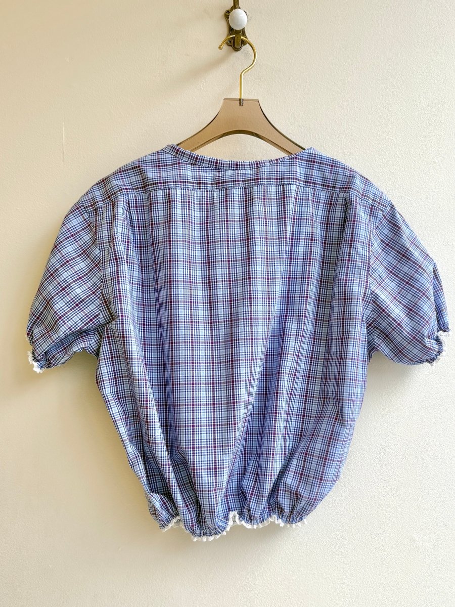 The Henry Top | Dark Blue & Burgundy Plaid Cap Sleeve w/ Smocked Waist & Eyelet Trim (Reworked) - Made X Hudson
