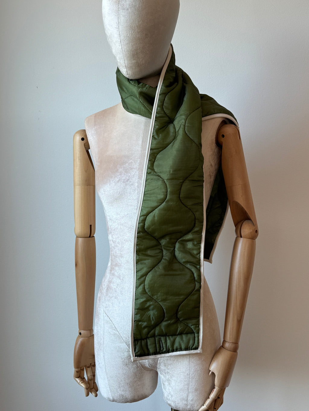 Dark Olive Green Army Liner Quilted Scarf w/ White Bias Accent (Reworked)