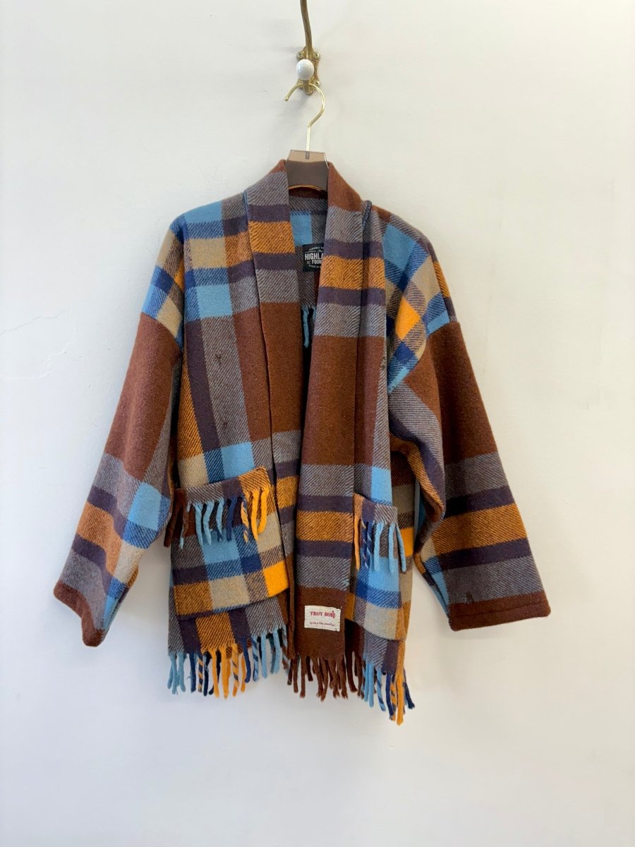 Brown, Gold & Blue Plaid Wool Heritage Blanket Coat - Made X Hudson
