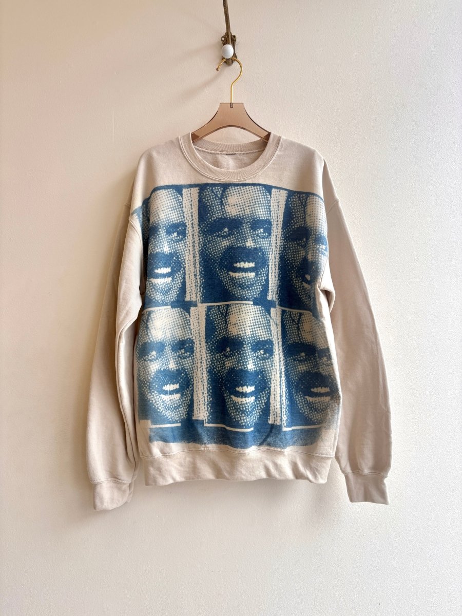 “Here’s Johnny” Six Face Beige & Navy Cyanotype Crew Neck Sweatshirt (Reworked) - Made X Hudson