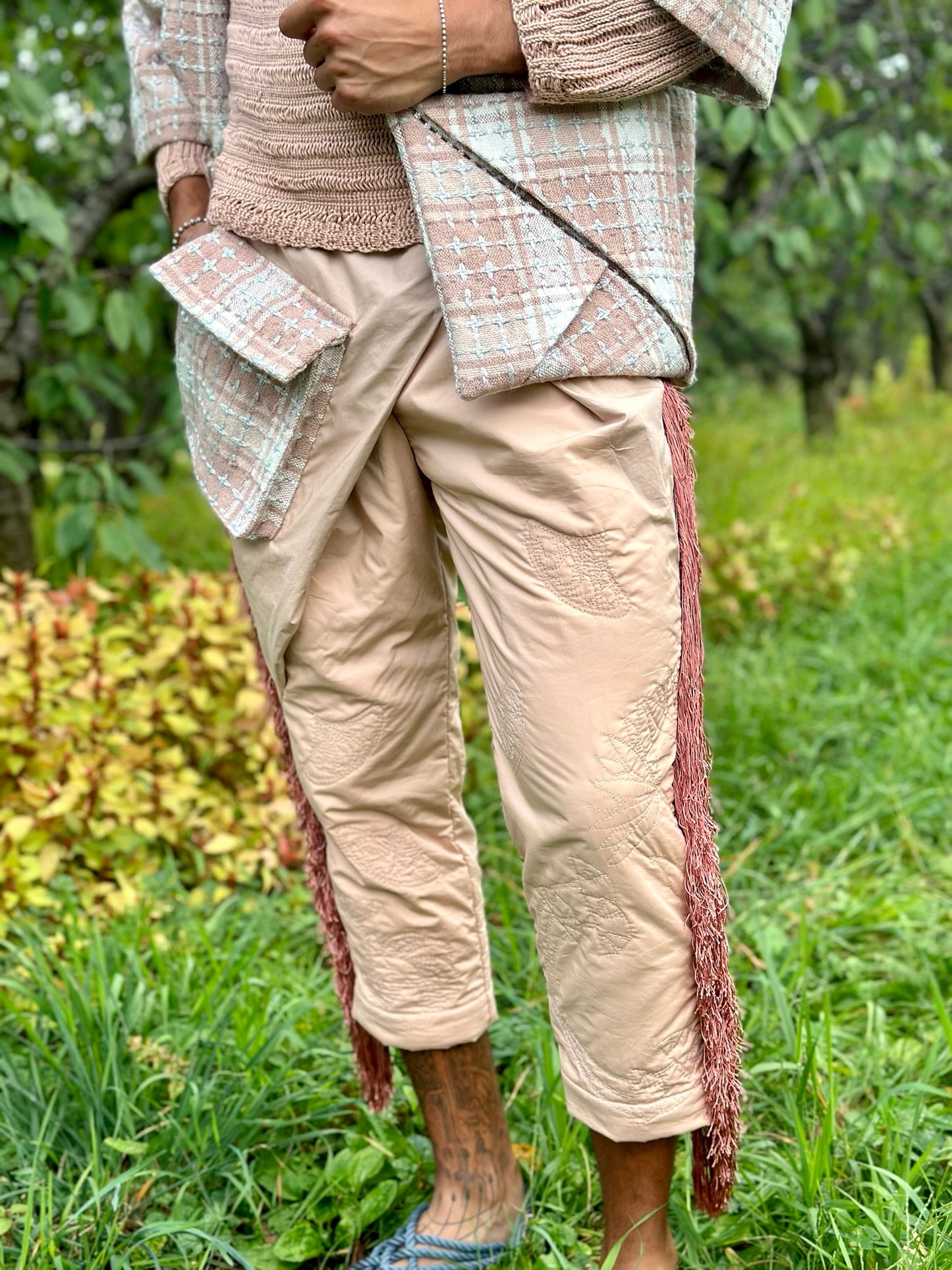 Cotton Quilted Wool Tweed Pocket Pant with Crystal & Fringe Accent