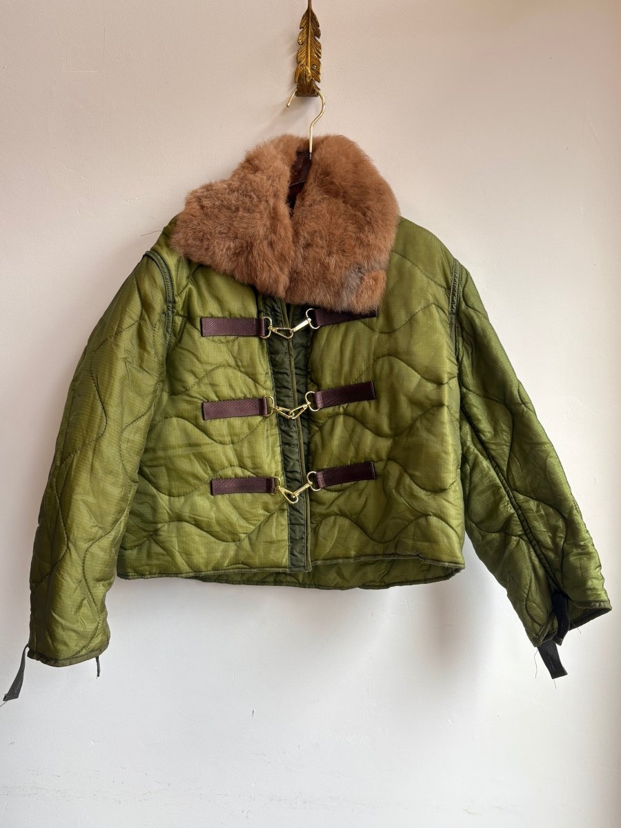 Light Olive Army Liner Quilted Coat w/ Carmel Alpaca Fur Collar & Gold Tone Clasps (Reworked) - Made X Hudson