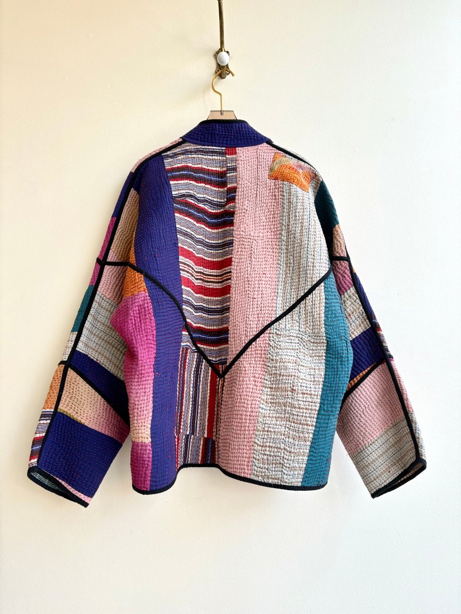 Reversible Ladhiya Quilted Jacket in Colors Purple, Pale Pink, Orange, Teal & Brown, Blue, Cream Stripes - Made X Hudson