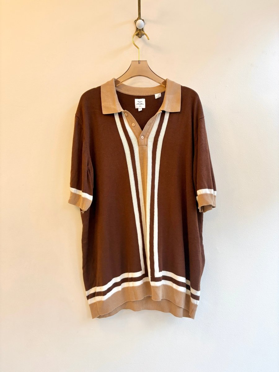 Max ń Chester | Brown, Tan, Cream Short Sleeve Knit Top w/ Button Front (Vintage) - Made X Hudson