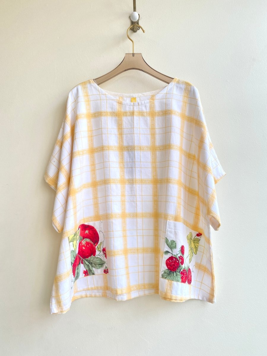 Yellow Plaid Spring Picnic Top w/ Red Fruit Patch Pockets - Made X Hudson