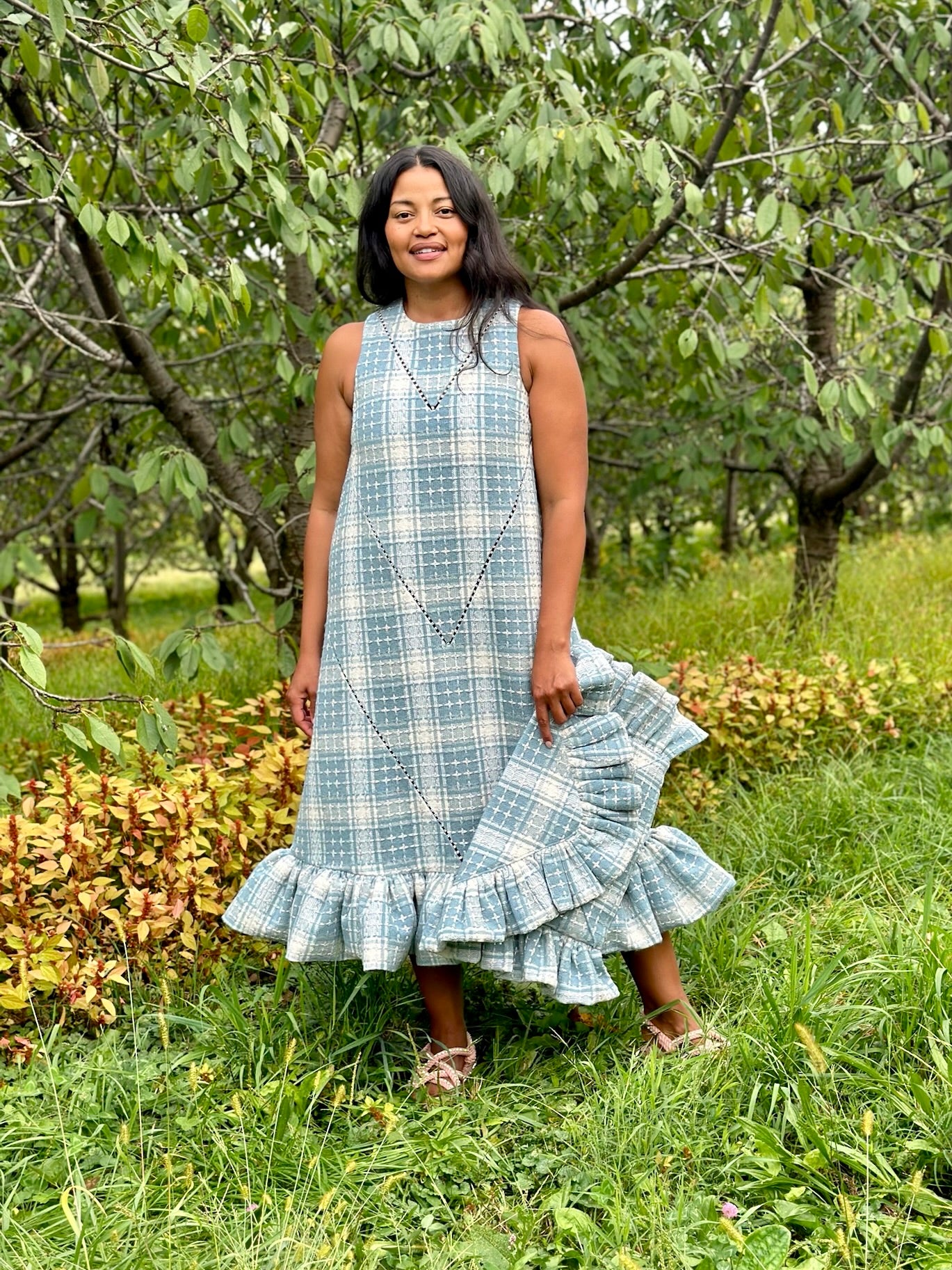 Pale Blue Wool Tweed Ruffle Chore Dress with Crystal Accent – Made