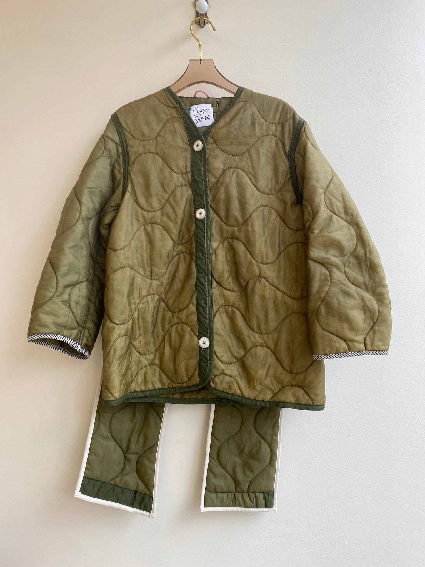 Olive Green Army Liner Quilted Coat w/ Scarf & White Buttons (Reworked)