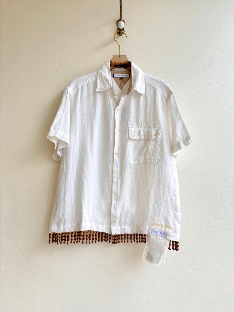 White Linen Button Up Shirt w/ Wooden Beaded Fringe (Reworked) - Made X Hudson