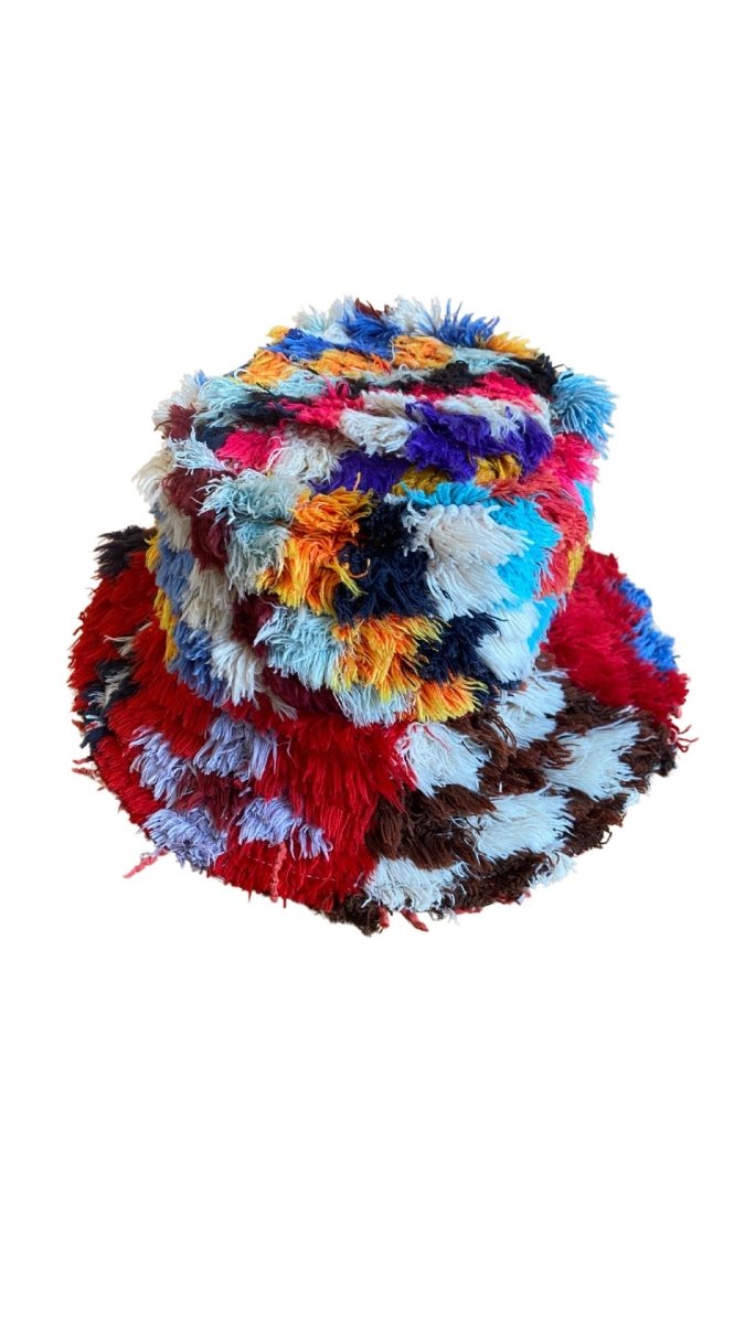 Brown Checkered Print Bucket Hat in Colors Red, Blue, & Yellow - Made X Hudson