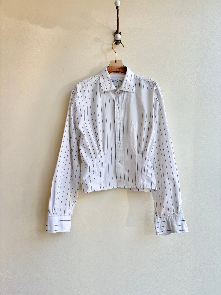 The Kevin Top | White w/ Burgundy Stripes Top w/ Gathered Waist (Reworked) - Made X Hudson