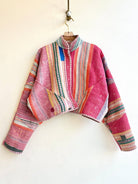 Reversible Kaira Quilted Cropped Jacket in Colors Pink, Orange, Lavender, Cream Stripes - Made X Hudson