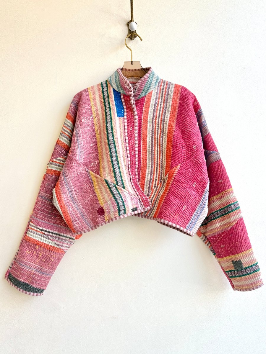 Reversible Kaira Quilted Cropped Jacket in Colors Pink, Orange, Lavender, Cream Stripes - Made X Hudson