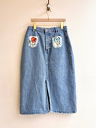 Blue Denim Long Floral Colorful Printed & Hand Drawn Skirt w/ Patch Pockets (Reworked) - Made X Hudson