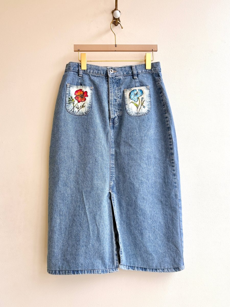 Blue Denim Long Floral Colorful Printed & Hand Drawn Skirt w/ Patch Pockets (Reworked) - Made X Hudson