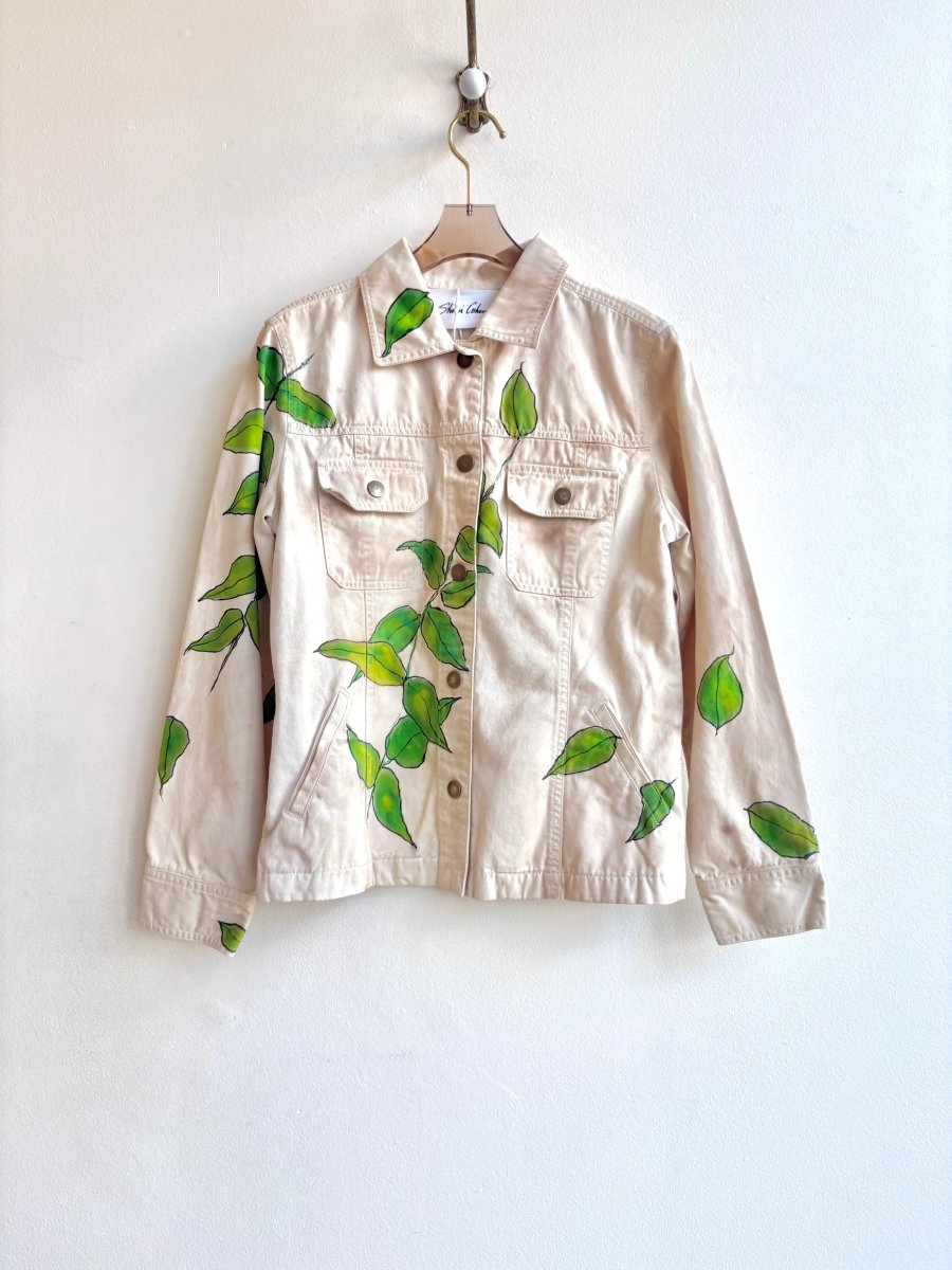 Light Cream Denim Jacket with Verdant Leaf Painting (Reworked) - Made X Hudson