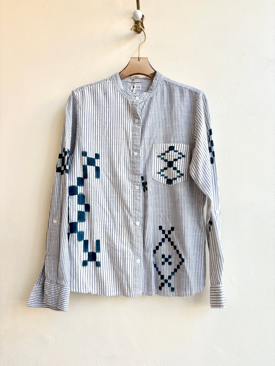 Dark Ocean Quilt Checker Mixed Stripe Crop Button-Up | Hand Painted (Reworked) - Made X Hudson