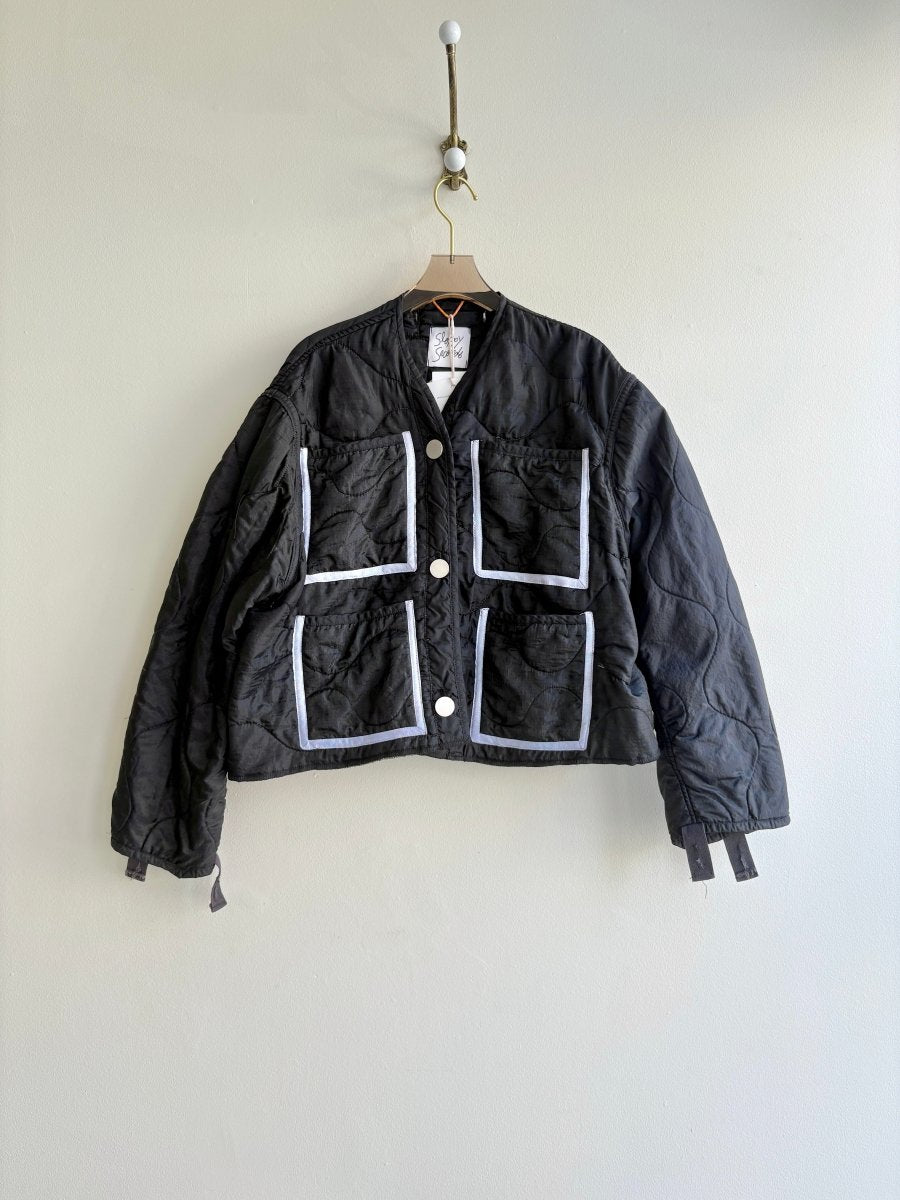 Black Army Liner Quilted Coat w/ Blue Patch Pockets (Reworked) - Made X Hudson