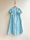 Turquoise & White Wide Stripe Chore Dress w/ Patch Pockets & Flutter Sleeve - Made X Hudson