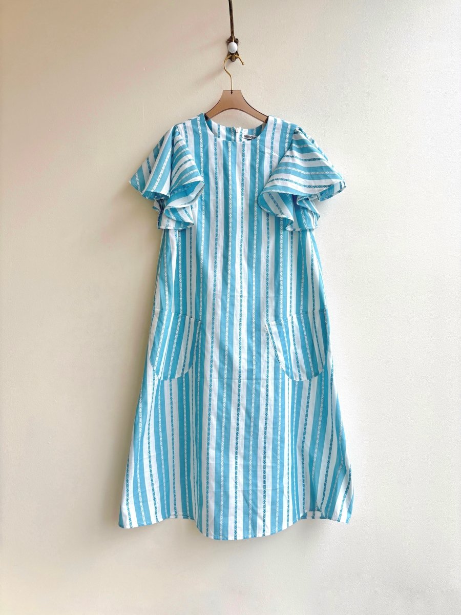 Turquoise & White Wide Stripe Chore Dress w/ Patch Pockets & Flutter Sleeve - Made X Hudson