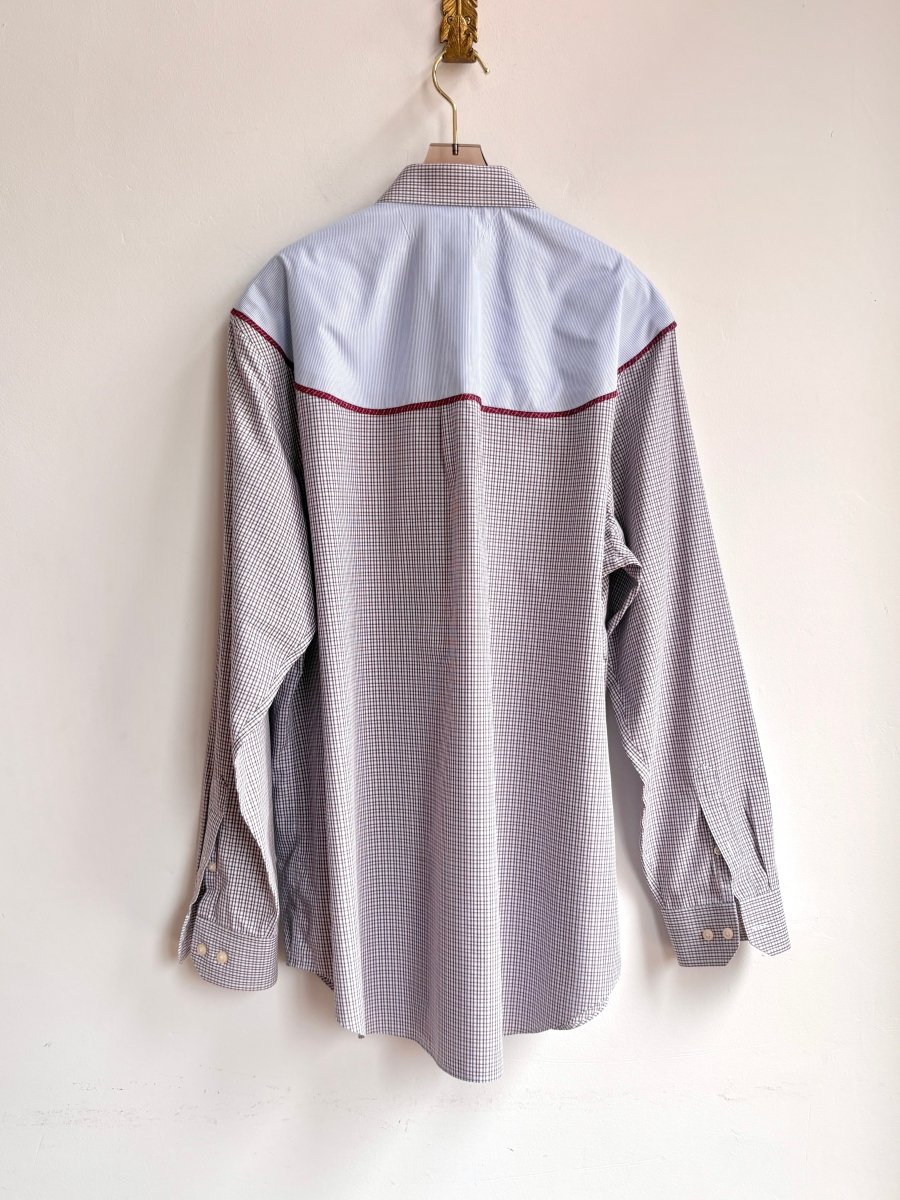 The Austin Top | Blue & Red Plaid Button Down w/ Blue Micro Stripe Shoulder Accent (Reworked) - Made X Hudson