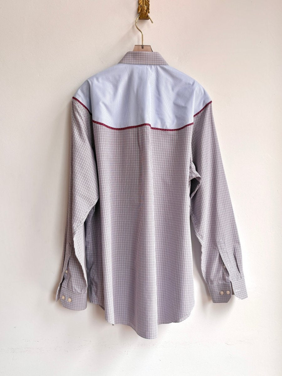 The Austin Top | Blue & Red Plaid Button Down w/ Blue Micro Stripe Shoulder Accent (Reworked) - Made X Hudson