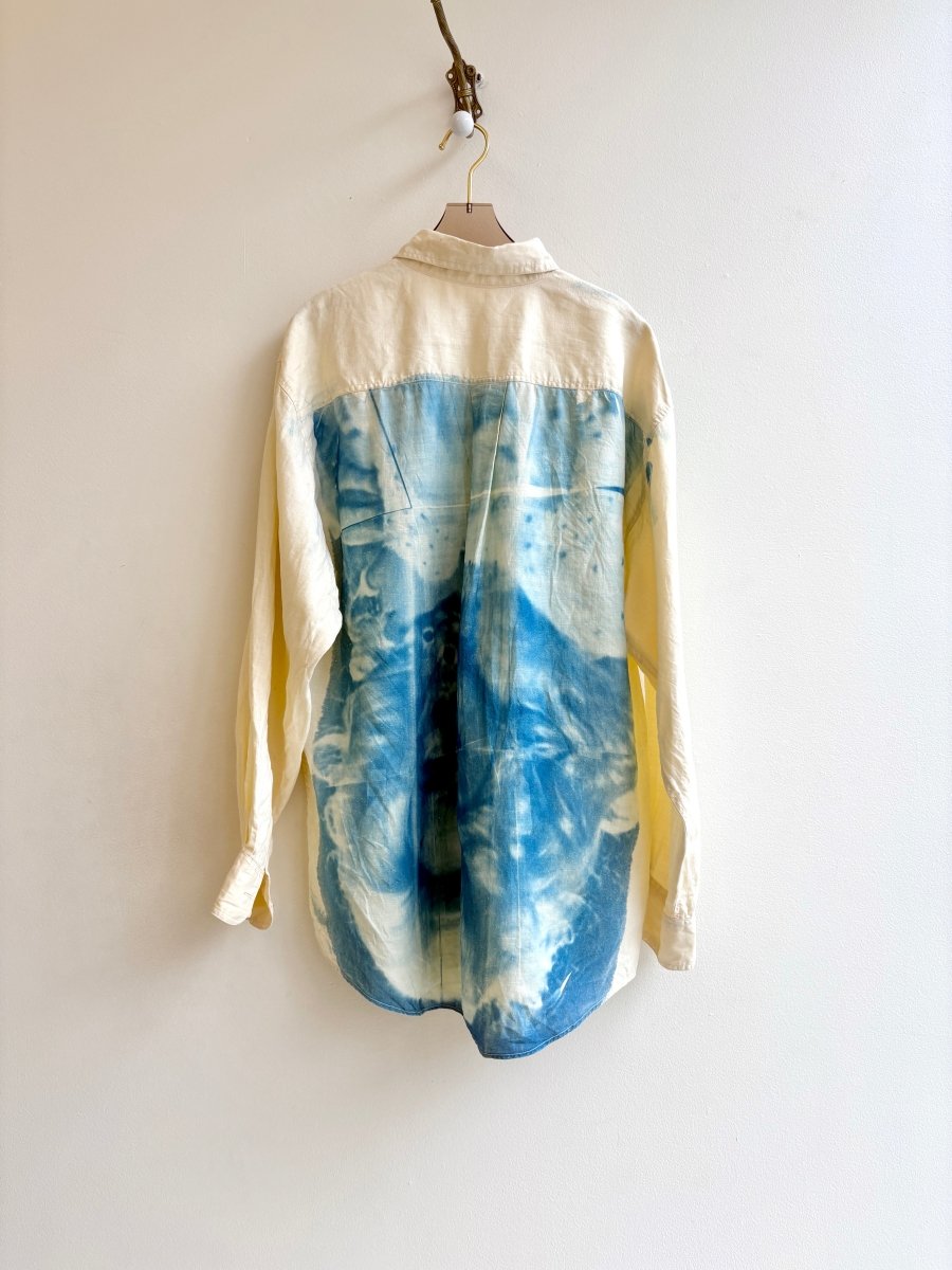 Butter Yellow Linen Dolly Parton and Kitten Blue Cyanotype Button - Up Shirt (Reworked) - Made X Hudson