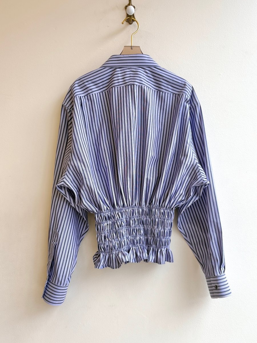 The George Top | Lavender Grey Stripe Button Down Top w/ Smocked Waist (Reworked) - Made X Hudson