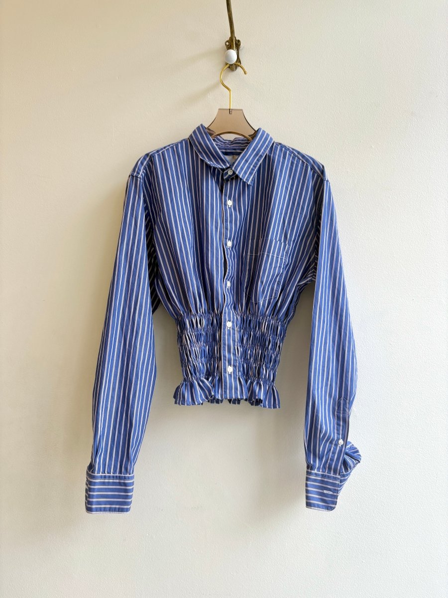 The George Top | Steel Blue w/ Red Pinstripe Button Down w/ Smocked Waist (Reworked) - Made X Hudson