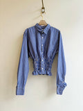 The George Top | Steel Blue w/ Red Pinstripe Button Down w/ Smocked Waist (Reworked) - Made X Hudson