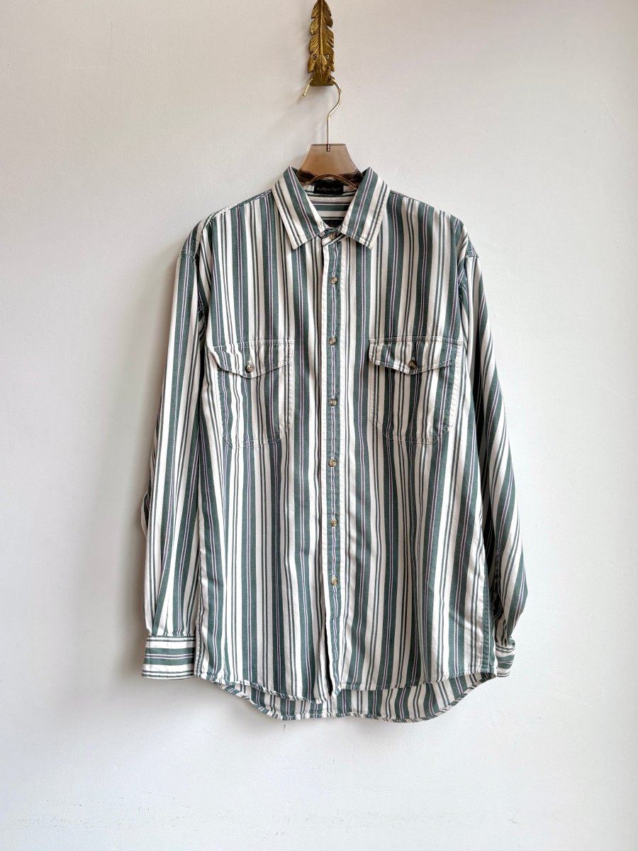 Eddie Bauer | Sage, Purple, & White Stripped Cotton Twill Shirt (Vintage) - Made X Hudson