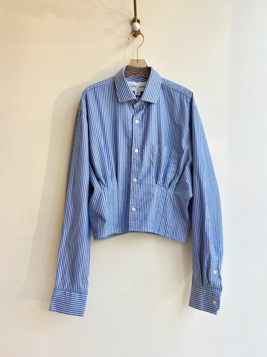 The Kevin Top | Blue & White Striped Top w/ Gathered Waist (Reworked) - Made X Hudson