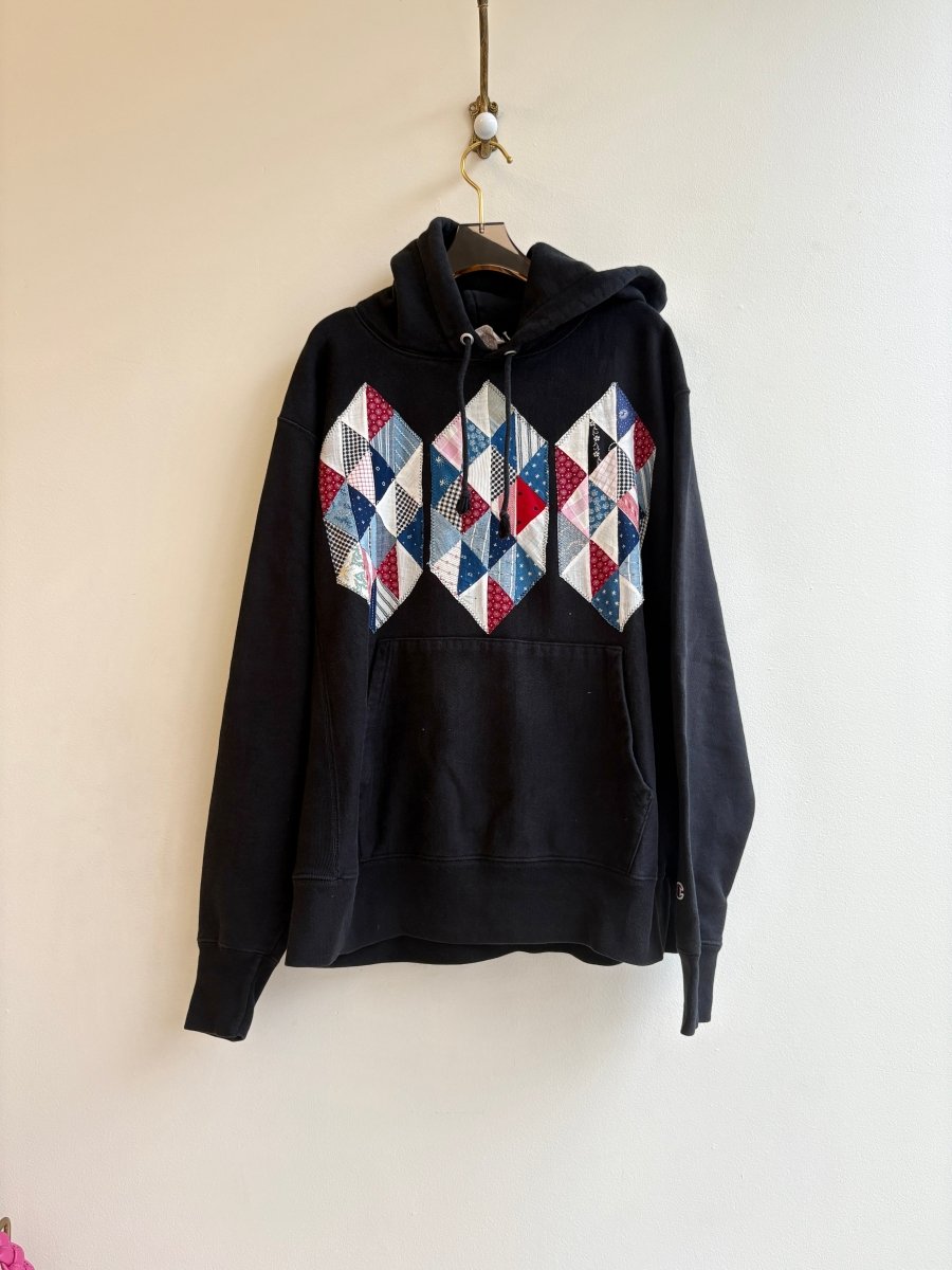 Black Ocean Wave Quilt Block Hoodie w/ Side Seam Ribbing (Reworked) - Made X Hudson