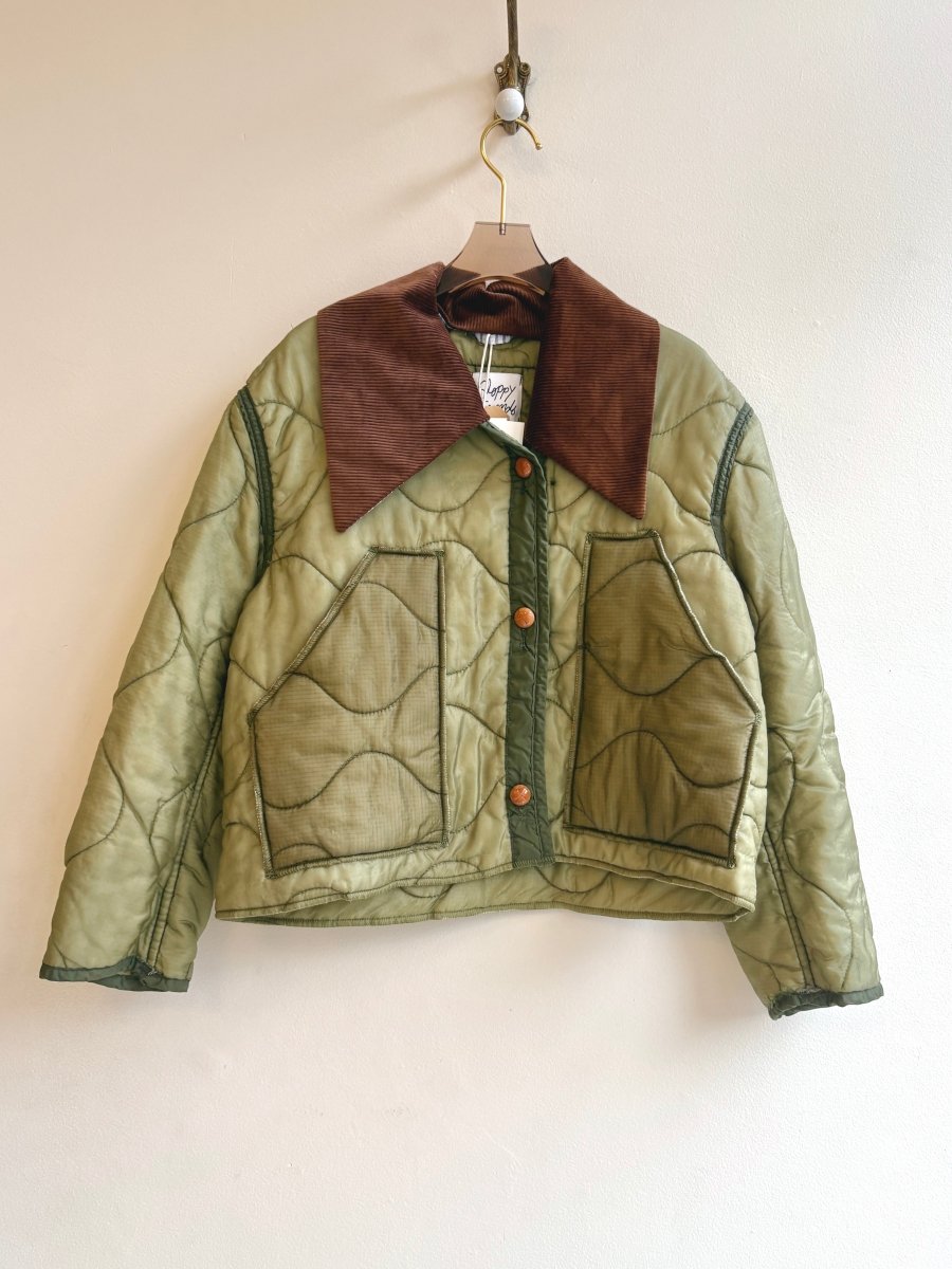 Light Olive Green Army Liner Quilted Coat w/ Brown Corduroy Collar, Brown Buttons, & Pockets (Reworked) - Made X Hudson