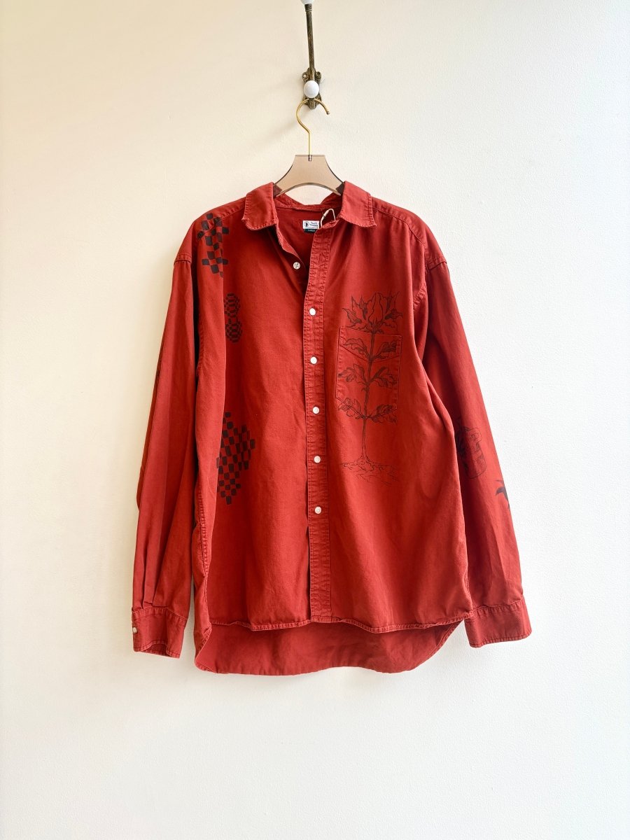 Vermillion Folk Motif Button Up | Hand Painted (Reworked) - Made X Hudson