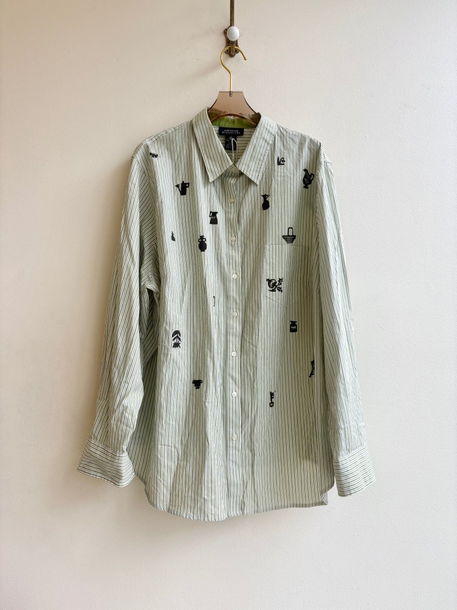 Tiny Print Button Up in Pistachio Stripe | Block Printed (Reworked) - Made X Hudson