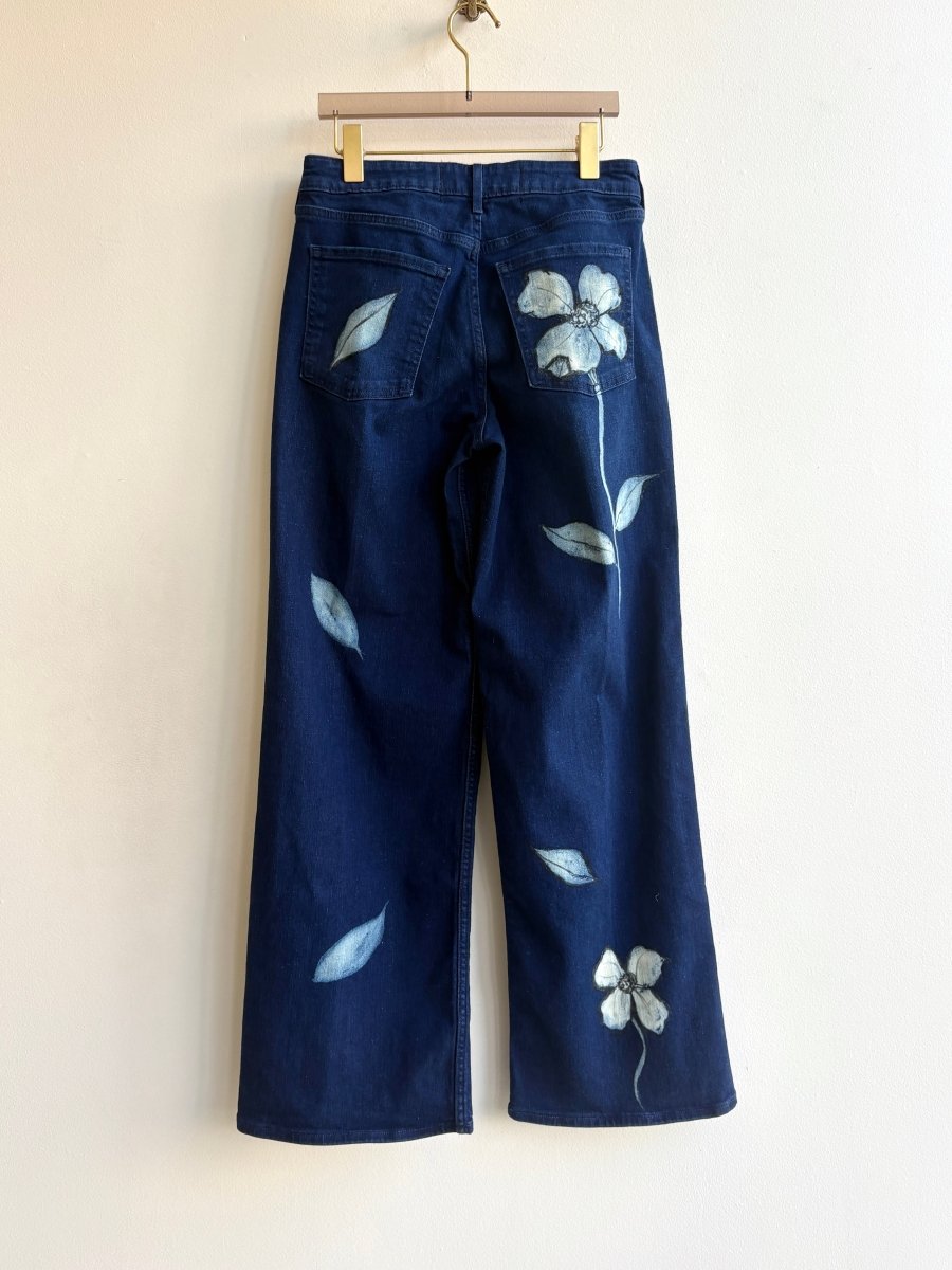 Dark Denim Flower Garden Hand Drawn & Painted Pants (Reworked) - Made X Hudson