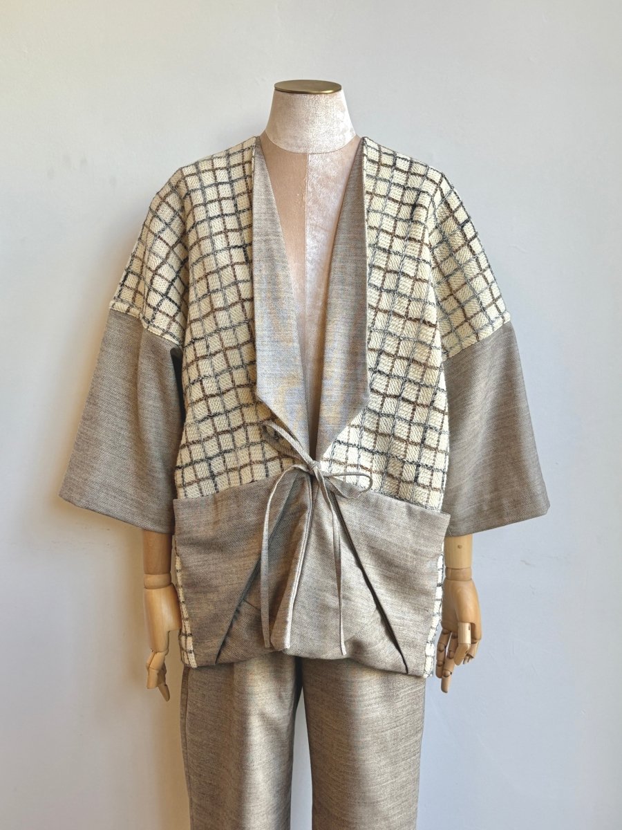 Grey, Brown and Cream Grid Woven Chore Jacket - Made X Hudson