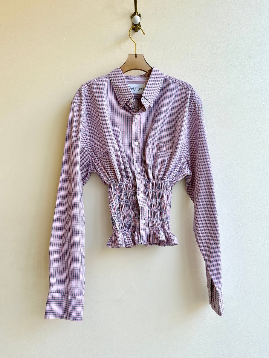 The George Top | Navy, Pink, White Plaid Button Down Top w/ Smocked Waist (Reworked) - Made X Hudson