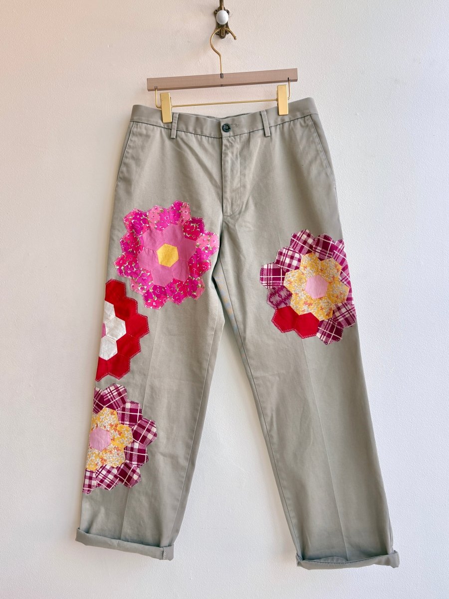 Grandmother’s Garden Quilt Block Applique Chinos | Pink and Red (Reworked) - Made X Hudson