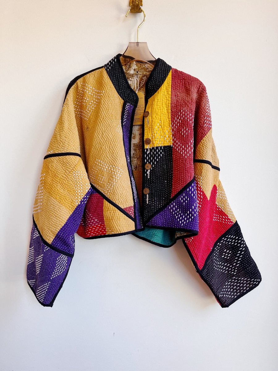 Reversible Kaira Quilted Cropped Jacket in Colors Purple, Red, Yellow, Light Brown, Black & Teal, Red, Light Brown, Black - Made X Hudson