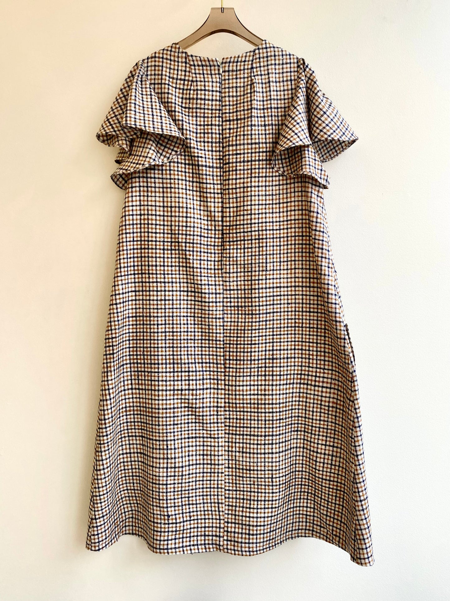 Mustard & Navy Gingham Chore Dress w/ Flutter Sleeve