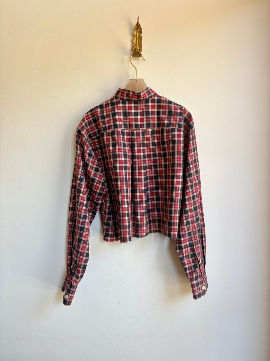 Red, Navy, Green, & Cream Plaid Annette Crop Top w/ Navy Embroidered “Apres” (Reworked) - Made X Hudson