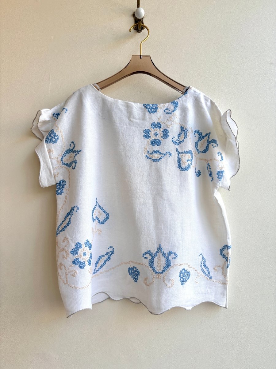 White, Cream and Sky Blue Embroidered Box Top with Ruffle Sleeve - Made X Hudson