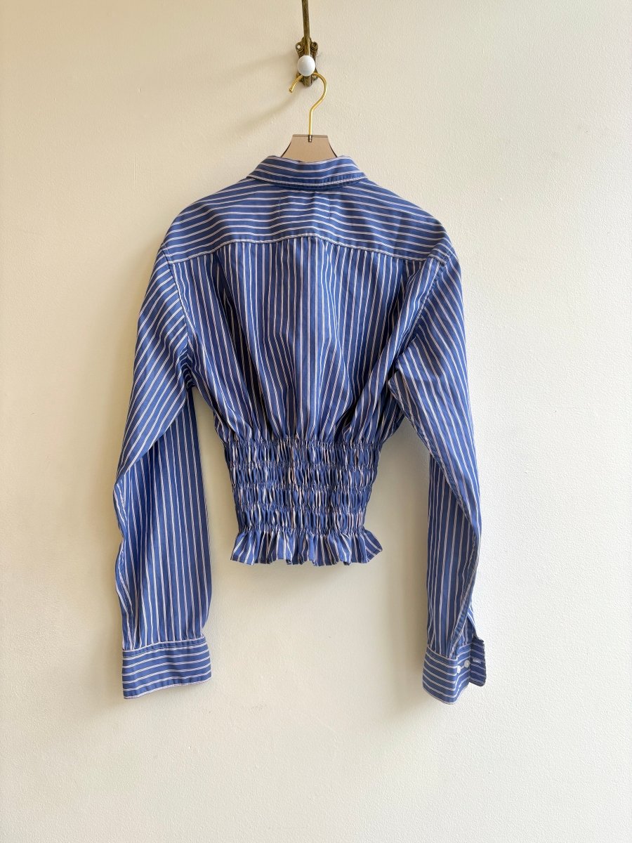 The George Top | Steel Blue w/ Red Pinstripe Button Down w/ Smocked Waist (Reworked) - Made X Hudson