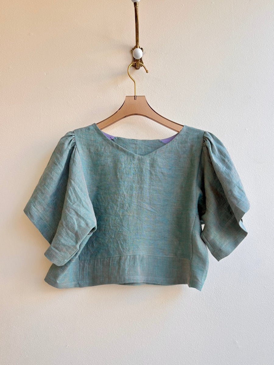 Crop Iridescent Turquoise & Blush Zero - Waste Ruffle Blouse - Made X Hudson