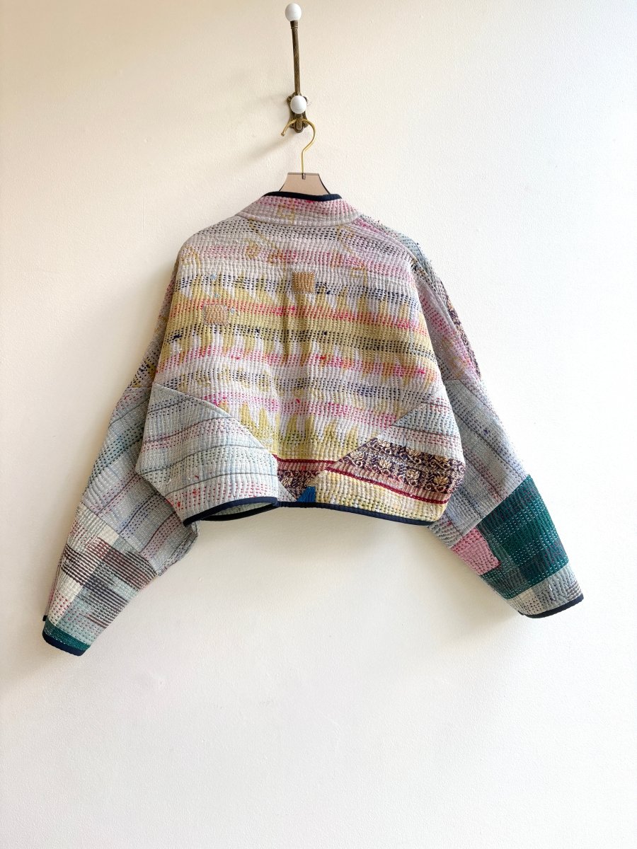 Reversible Kaira Quilted Cropped Jacket in Colors Mint Faded Stripe, Orange, Blue & Mustard, Grey, Teal - Made X Hudson